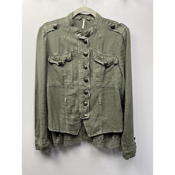 Free People Jacket Womens XS Emilia Olive Green Military‎ Utility Linen Boho - Picture 1 of 9